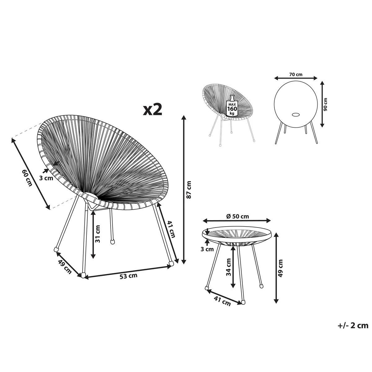 Beliani - ACAPULCO - Bistroset Voor 2 - Natuurlijk - PE Rotan - Afbeelding 3