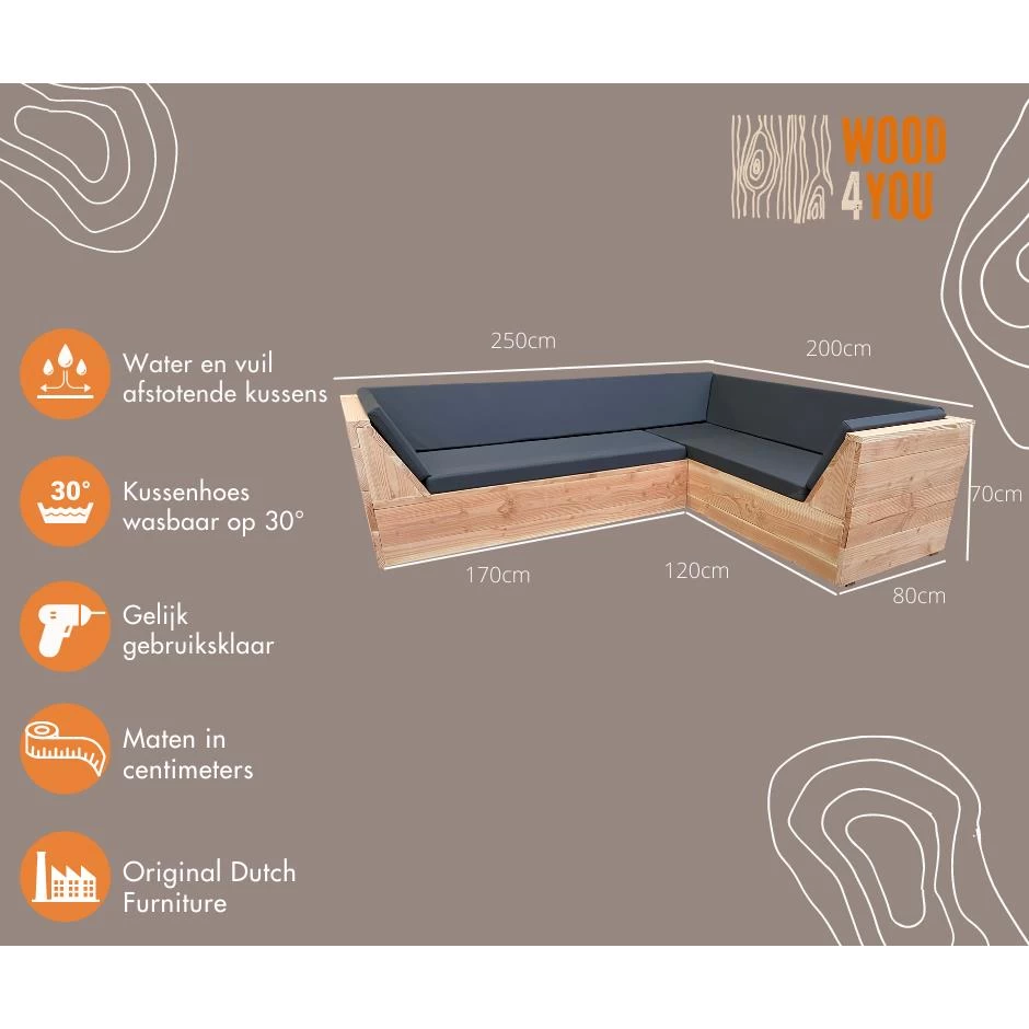 Wood4you - Loungeset 6 Douglashout 200x250 Cm - Incl Strakke Kussens - Afbeelding 6
