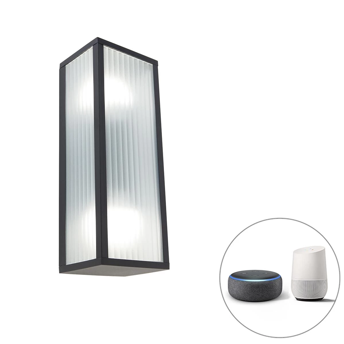 QAZQA Smart Buiten Wandlamp Zwart Met Ribbel Glas Incl. 2 Wifi A60 - - Afbeelding 2