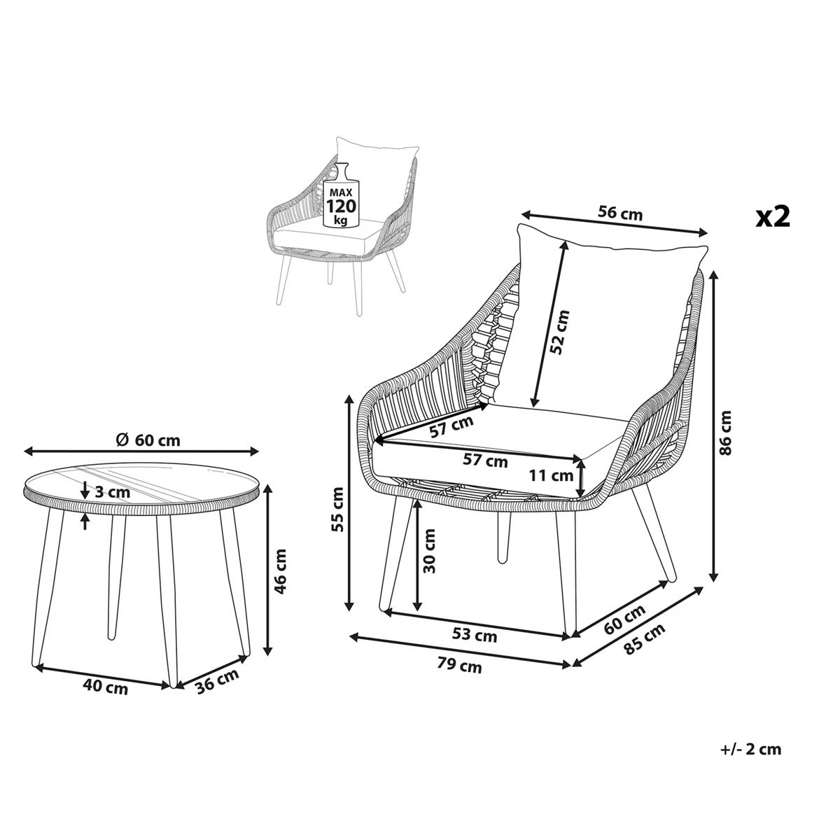 Beliani - LAURETO - Bistroset Voor 2 - Natuurlijk - PE Rotan - Afbeelding 12