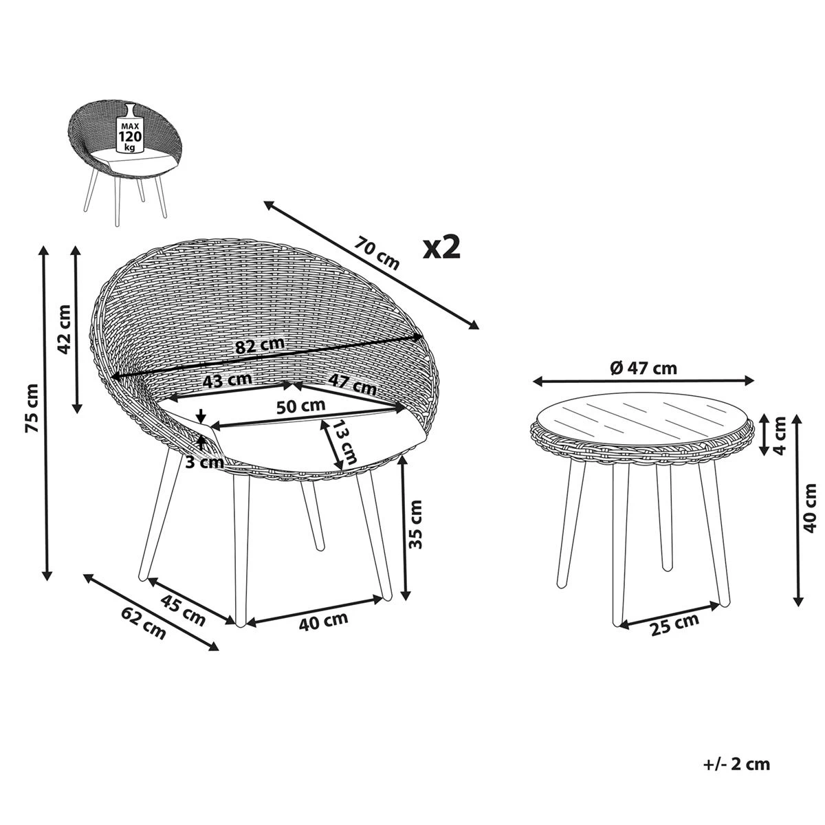 Beliani - ORTIGIA - Bistroset Voor 2 - Natuurlijk - PE Rotan - Afbeelding 11