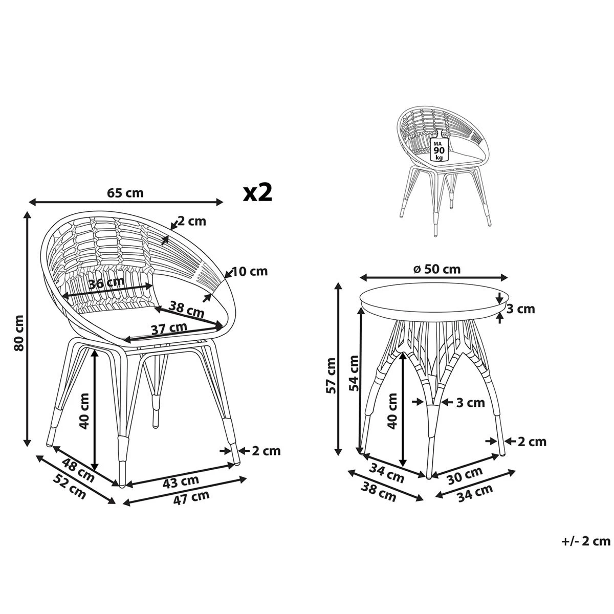 Beliani - PELLARO - Bistroset Voor 2 - Natuurlijk - PE Rotan - Afbeelding 7