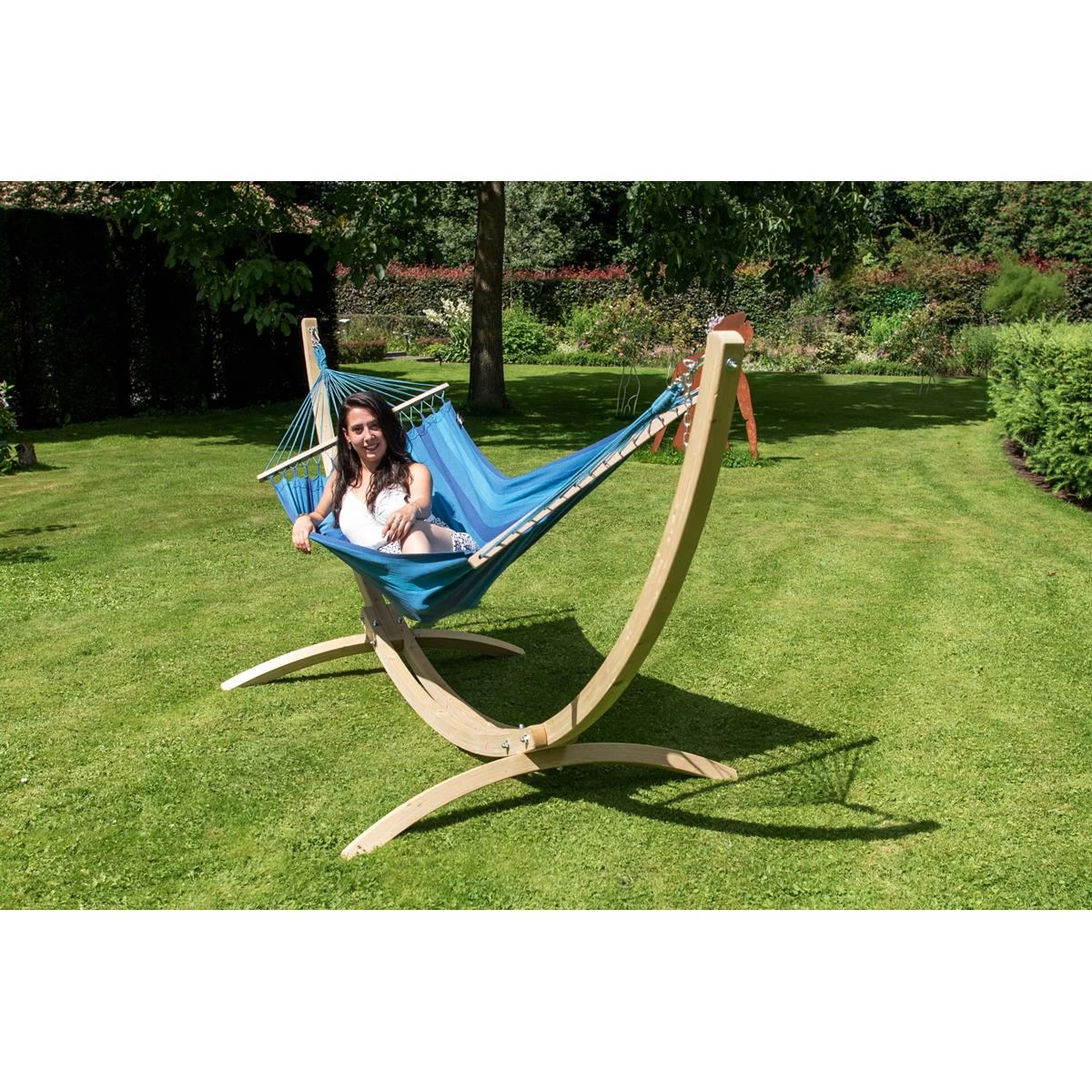 Tropilex® Hangmat Met Standaard Eénpersoons Wood & Relax Blue Blauw - Afbeelding 2